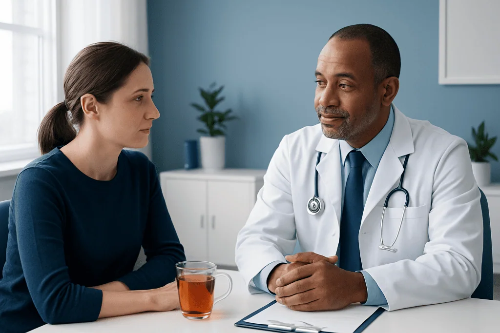 Doctor consulting with a female patient in a medical office setting.