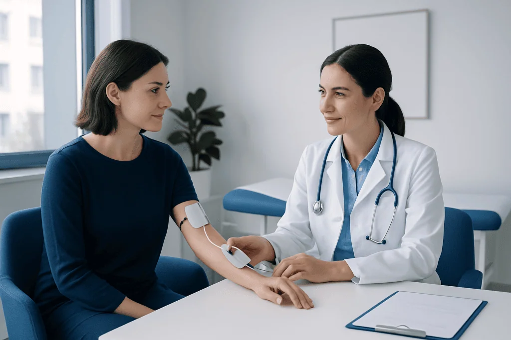 Doctor checking patient's blood pressure in a clinical setting.