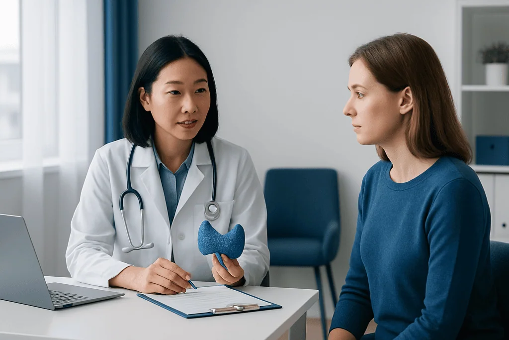Doctor explaining thyroid health to a patient in a consultation room.