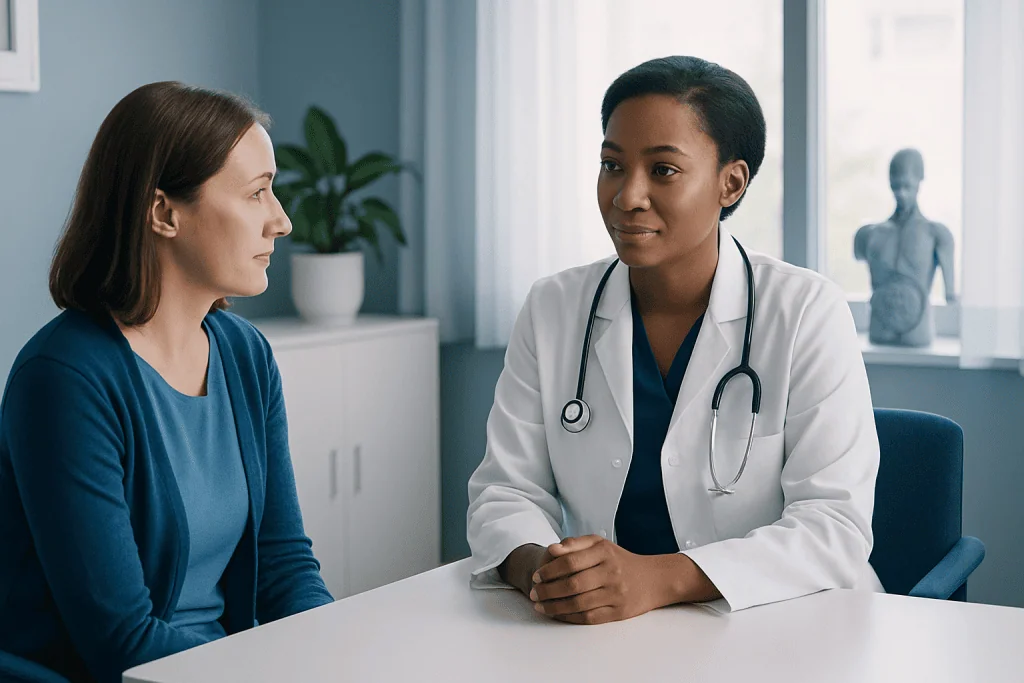 Doctor consulting with a patient in a modern medical office.
