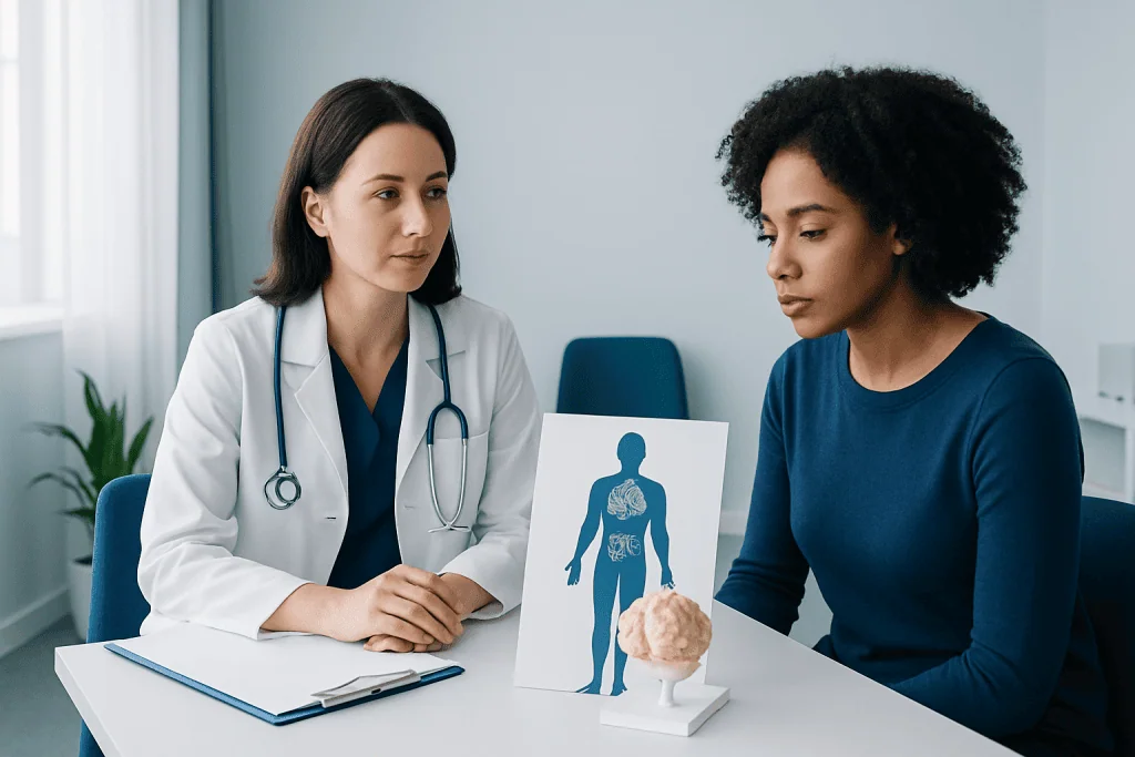 Doctor consulting with patient about digestive health and sugar cravings.