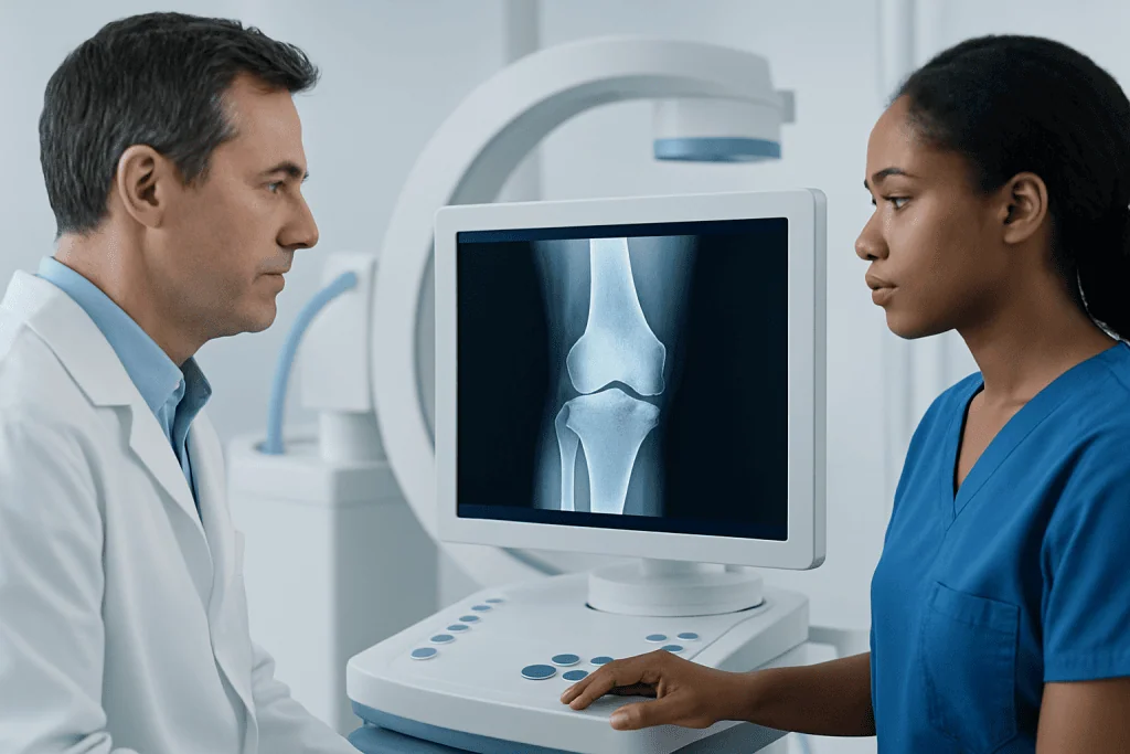 Doctor and nurse reviewing knee X-ray in a medical setting.