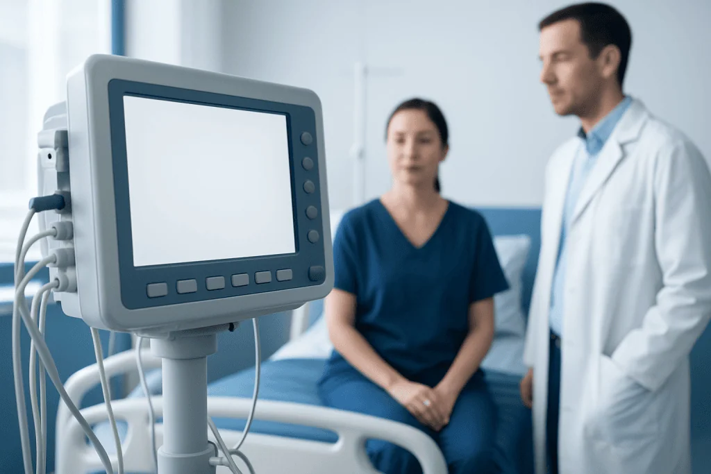 Medical monitor in hospital room with patient and doctor.