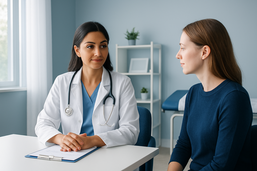 Doctor consulting with a patient in a medical office setting.