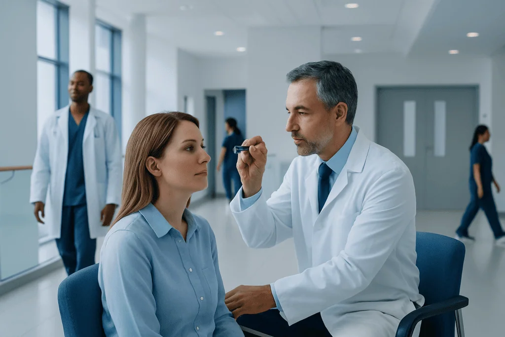 Corneal Reflex: A Complete Medical Overview 1 Doctor examining patient's eye in a hospital corridor.