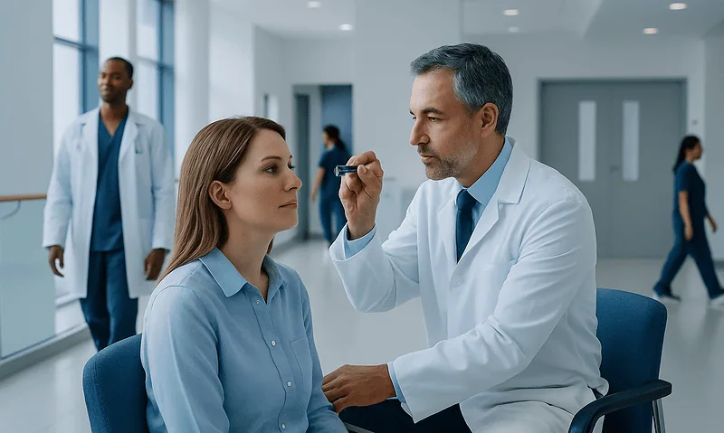 Doctor examining patient's eye in a hospital corridor.