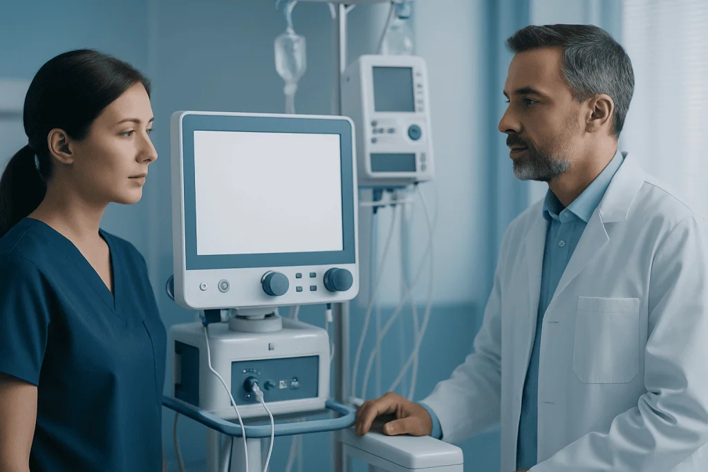 Medical professionals discussing patient care in a hospital room.