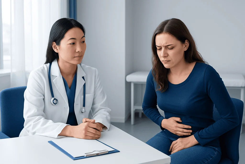 Doctor consulting with a patient about stomach discomfort in a clinic setting.