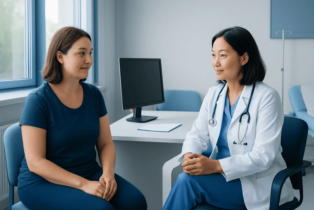 Doctor consulting with a female patient in a medical office.