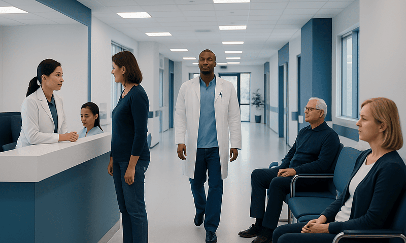 Healthcare professionals and patients in a hospital corridor.