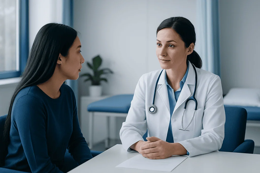 Doctor consulting with a patient in a medical office setting.