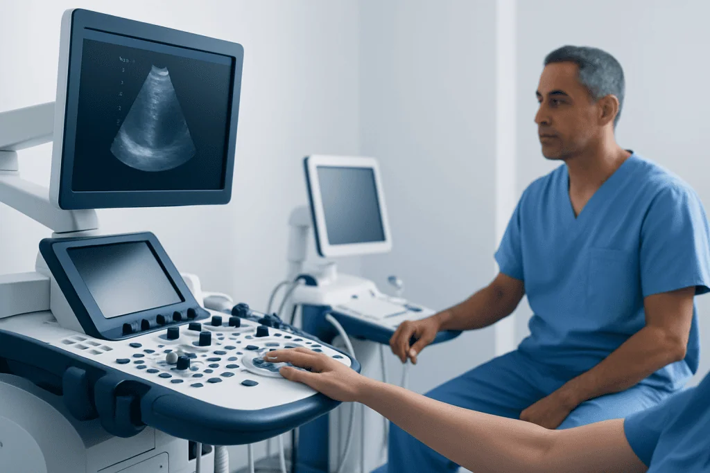 Medical professional performing an ultrasound examination in a hospital setting.