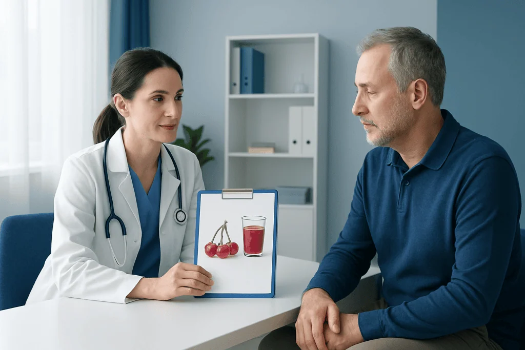 Doctor explaining cherry juice benefits to patient in consultation room.