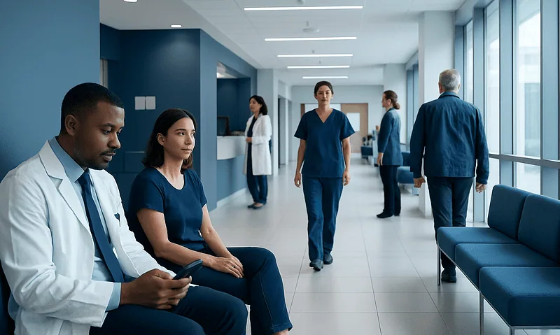 Medical staff and patients in a modern hospital corridor.
