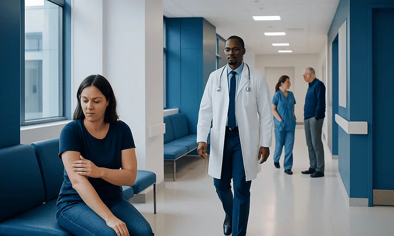Patient waiting in hospital corridor with medical staff nearby.