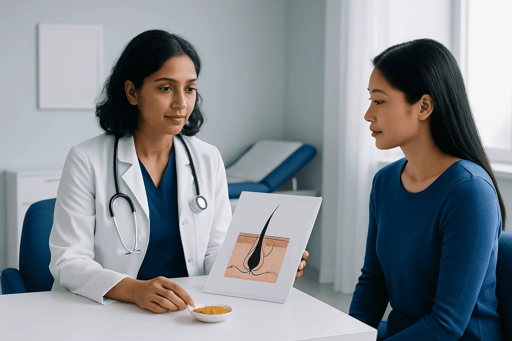 Doctor explaining hair follicle diagram to patient in clinic.