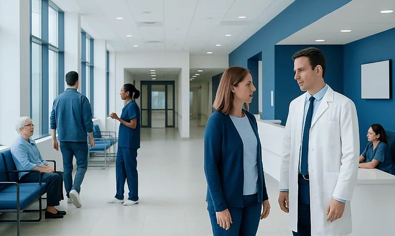Doctors and patients in a modern hospital corridor.