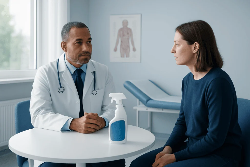 Doctor consulting with patient in medical office with anatomy chart.