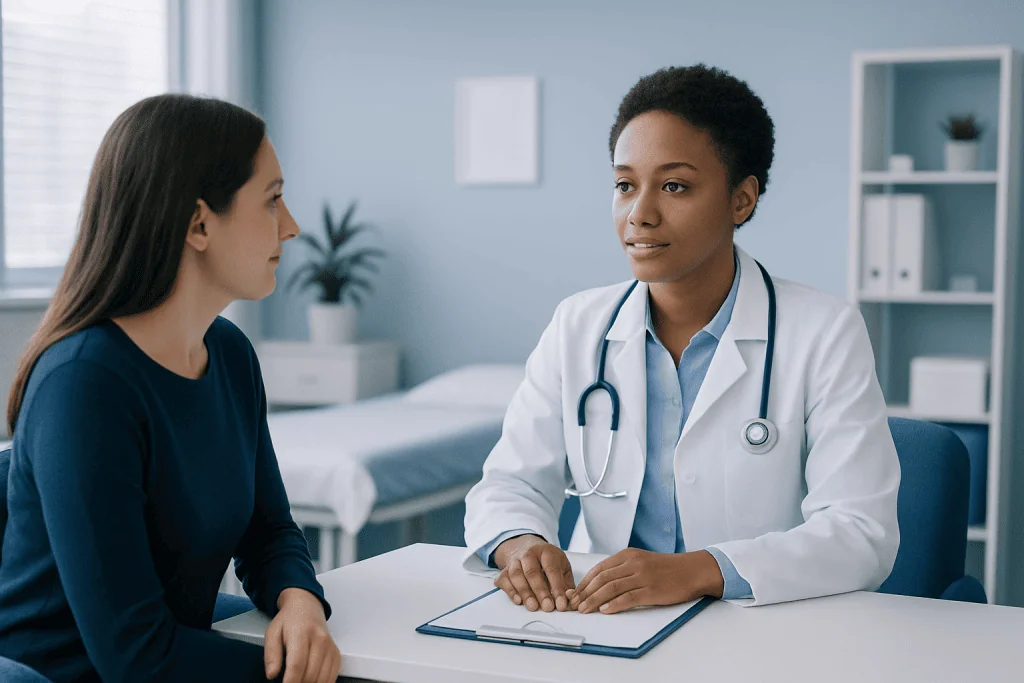 Doctor consulting with a patient in a modern medical office.