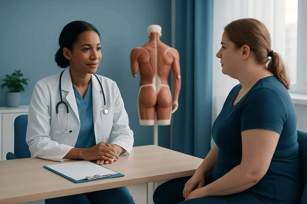 Doctor consulting patient about butt health in a medical office.