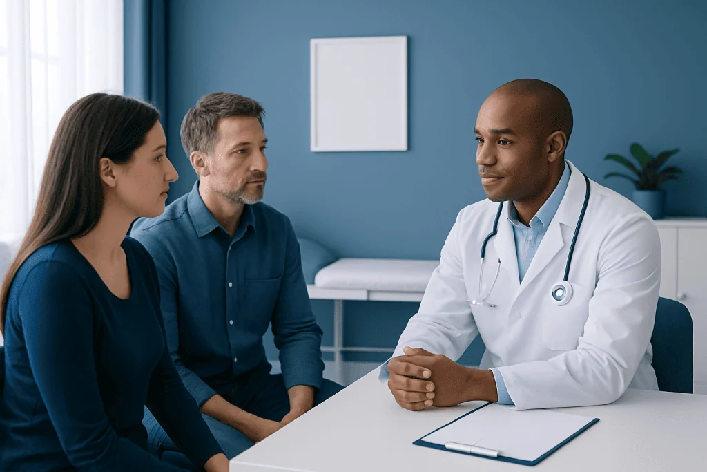 Doctor consulting with couple in a medical office setting.