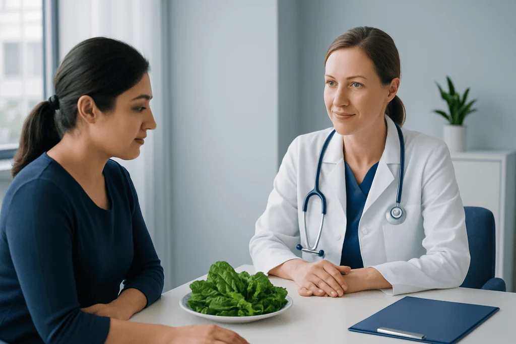 Doctor discussing leafy greens with patient for heart health benefits.
