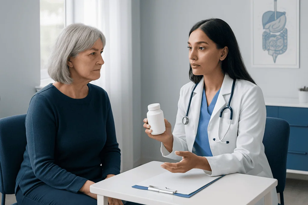 Doctor explaining medication to an elderly woman in a clinic setting.