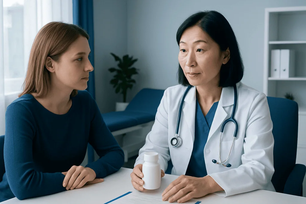 Doctor consulting a young woman in a medical office.