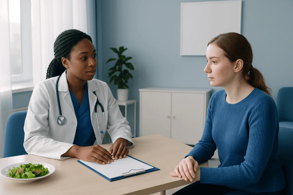 Doctor consulting with a young woman in a medical office.
