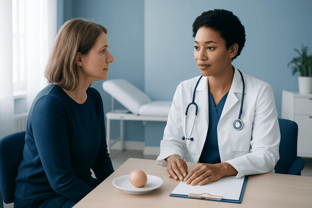 Doctor consulting with a patient about health in a clinical setting.