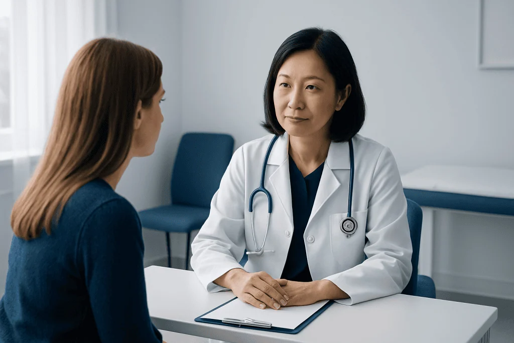 Doctor consulting with a patient in a modern medical office.