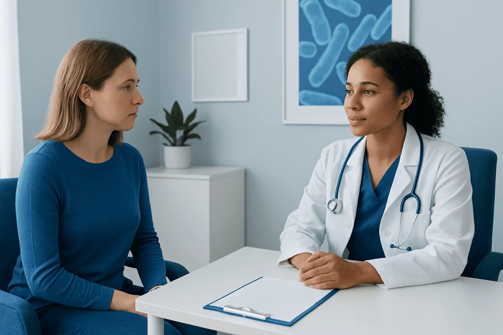 Doctor consulting with patient in a medical office setting.