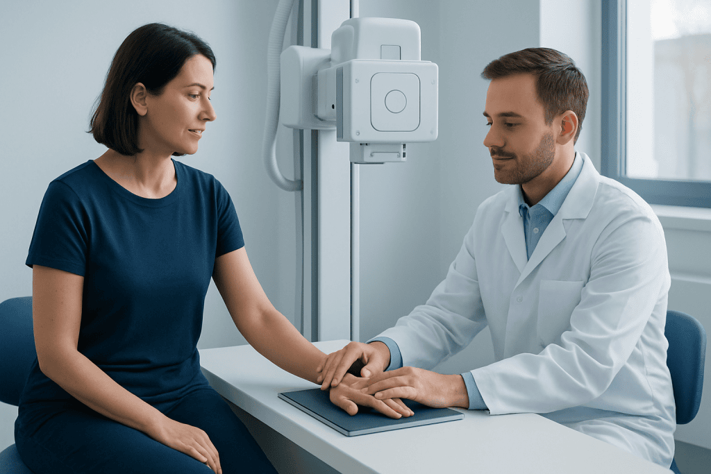 Doctor discussing wrist X-ray with patient in medical clinic.