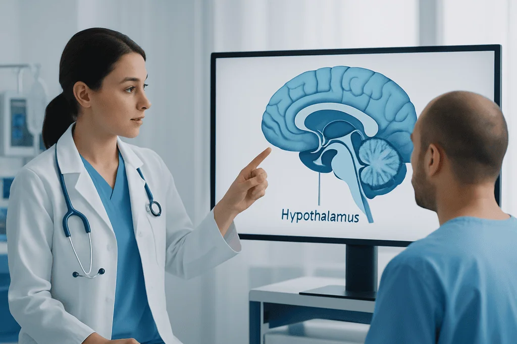 Medical professional explaining hypothalamus diagram to patient in clinic.