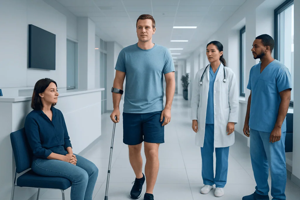 Leg Calf: An Evidence-Based Guide for Patients 1 Patient with crutches in hospital corridor with medical staff.