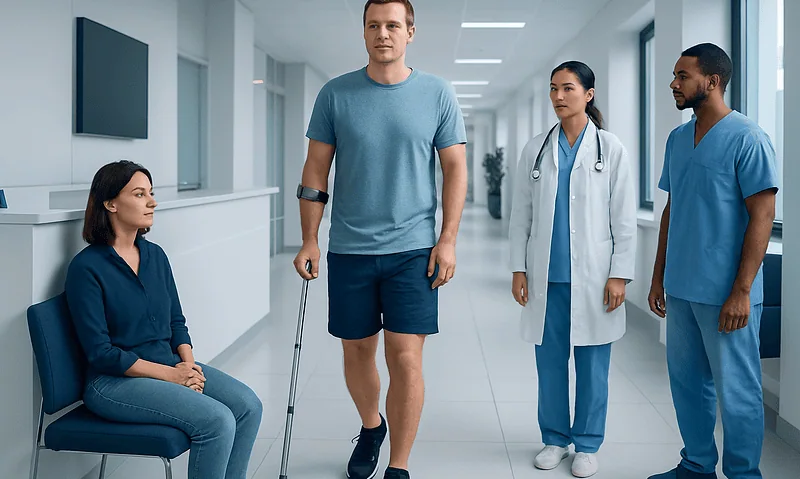Patient with crutches in hospital corridor with medical staff.