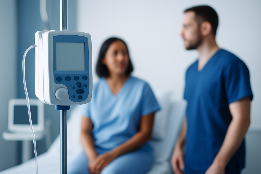 Medical professionals discussing patient care in a hospital room with monitoring equipment.
