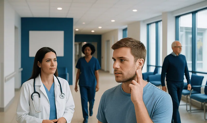 Patient consulting with doctor in hospital corridor at Acibadem Hospitals Group.