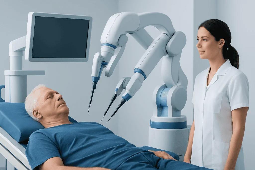 Medical robotic system performing a procedure on an elderly male patient.