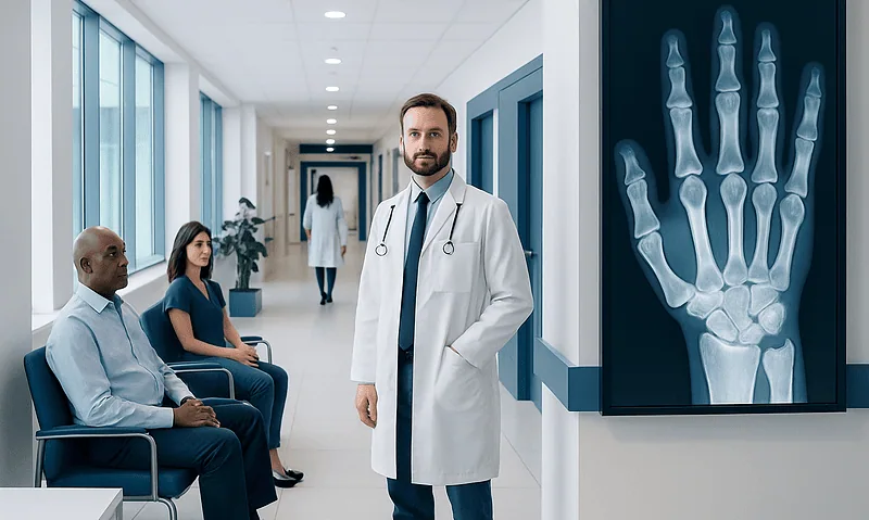 Doctor with patients in hospital corridor near hand X-ray image.
