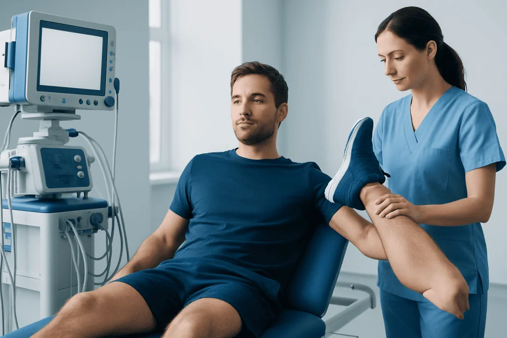 Medical professional examining patient's leg in a hospital setting.