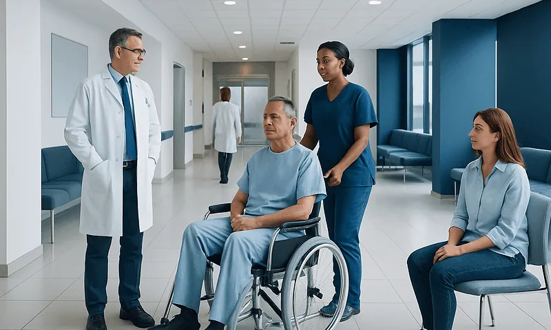 Medical team consulting patient in hospital corridor.