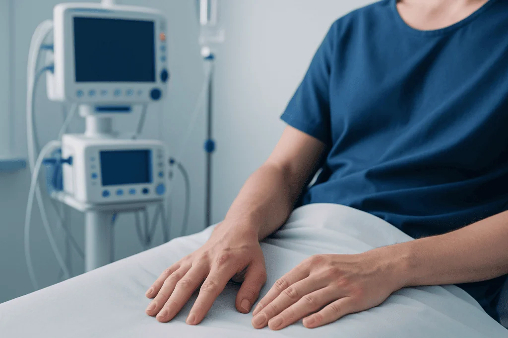 Patient's hand resting on hospital bed with medical monitors in background.