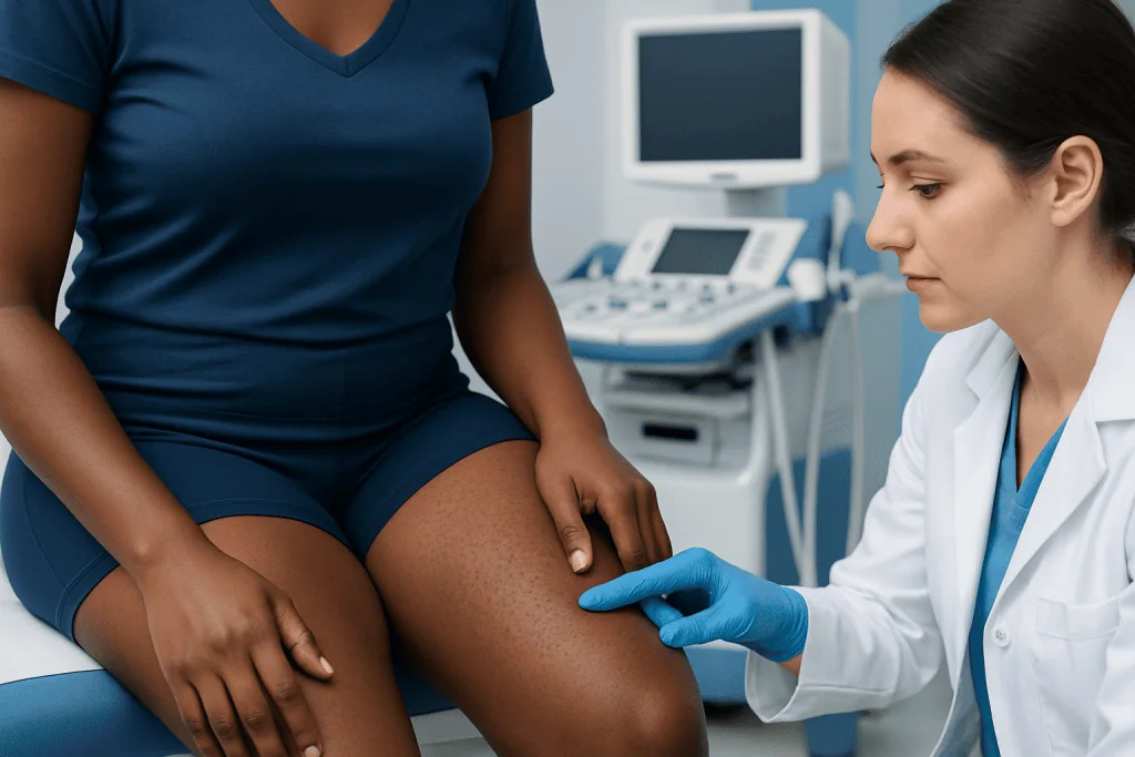 What the Spots and Skin Changes May Look Like — dark inner thighs with blackheads
