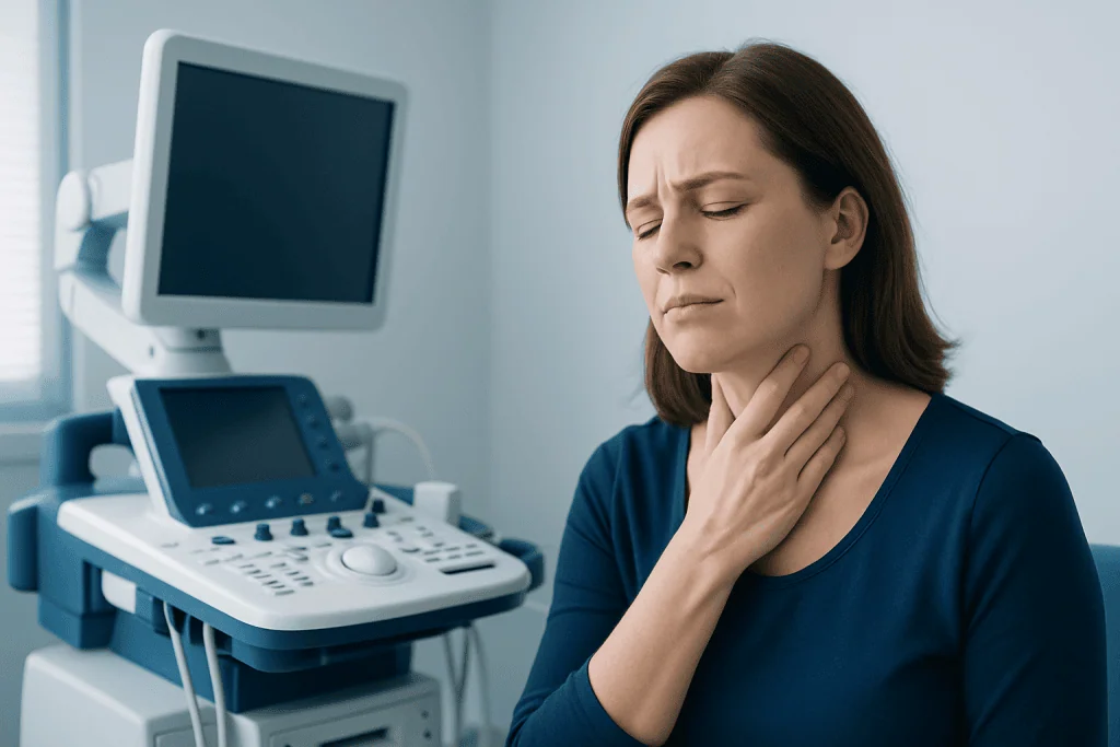 Woman experiencing throat discomfort during medical examination at hospital.