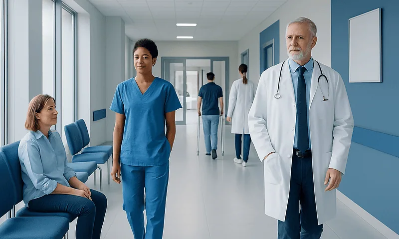 Medical professionals and patient in hospital corridor at Acibadem Hospitals Group.