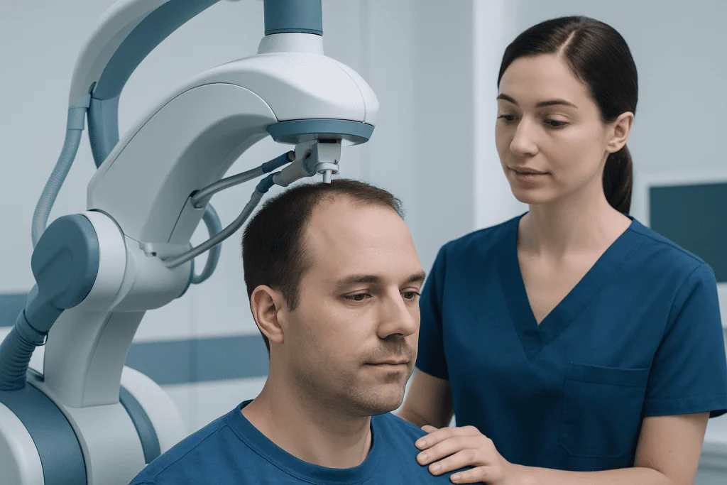 Medical professional examining patient's scalp with advanced equipment.