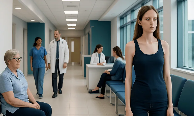 Young woman waiting in hospital corridor with medical staff and patients nearby.