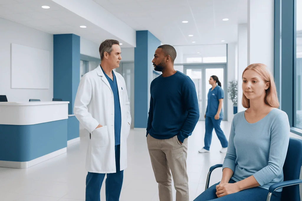 Throat Calcium: An Evidence-Based Guide for Patients 1 Doctor consulting with patient in hospital corridor.