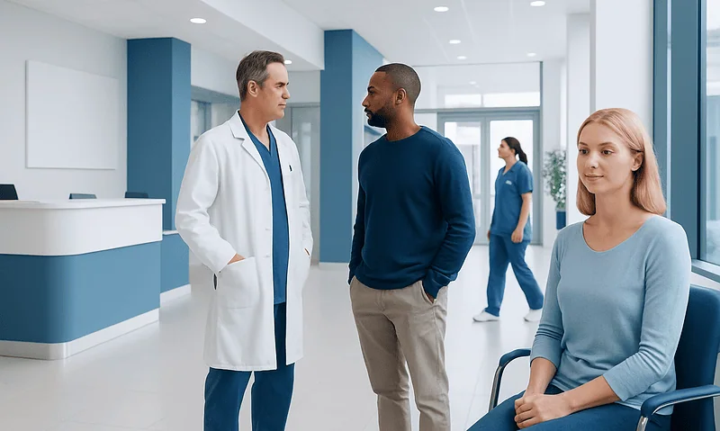 Doctor consulting with patient in hospital corridor.
